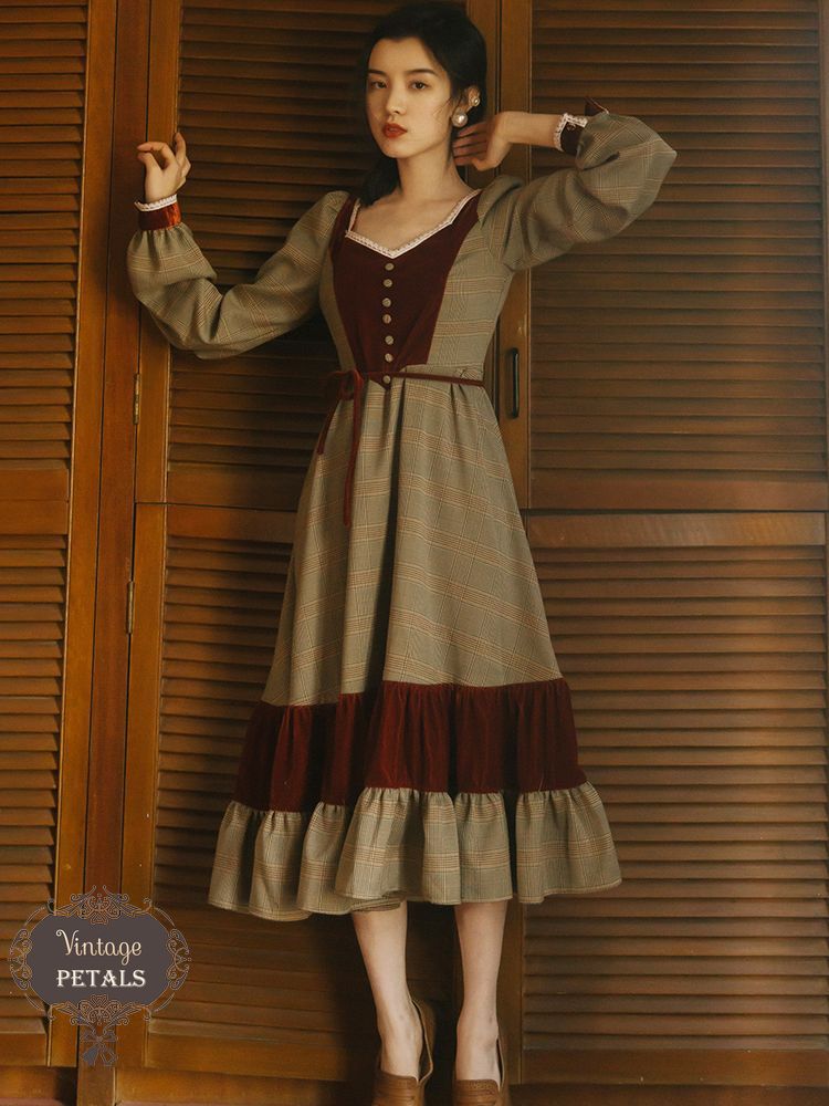 Váy vintage cổ điển dài tay Trung cổ
