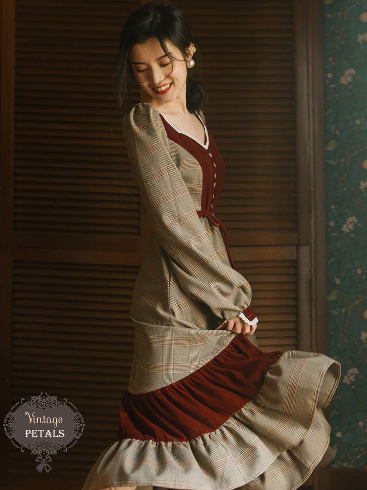 Váy vintage cổ điển dài tay Trung cổ